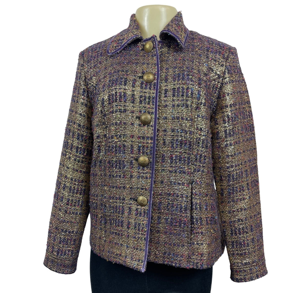 Vintage Draper’s & Damons Women’s Gold and Purple Tweed Blazer Coat Sz M
