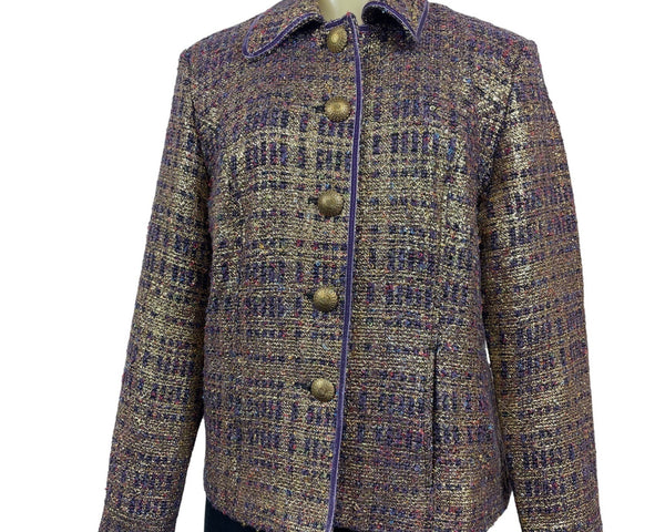 Vintage Draperβs & Damons Womenβs Gold and Purple Tweed Blazer Coat Sz M