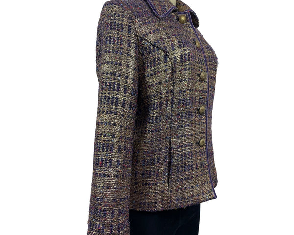 Vintage Draperβs & Damons Womenβs Gold and Purple Tweed Blazer Coat Sz M