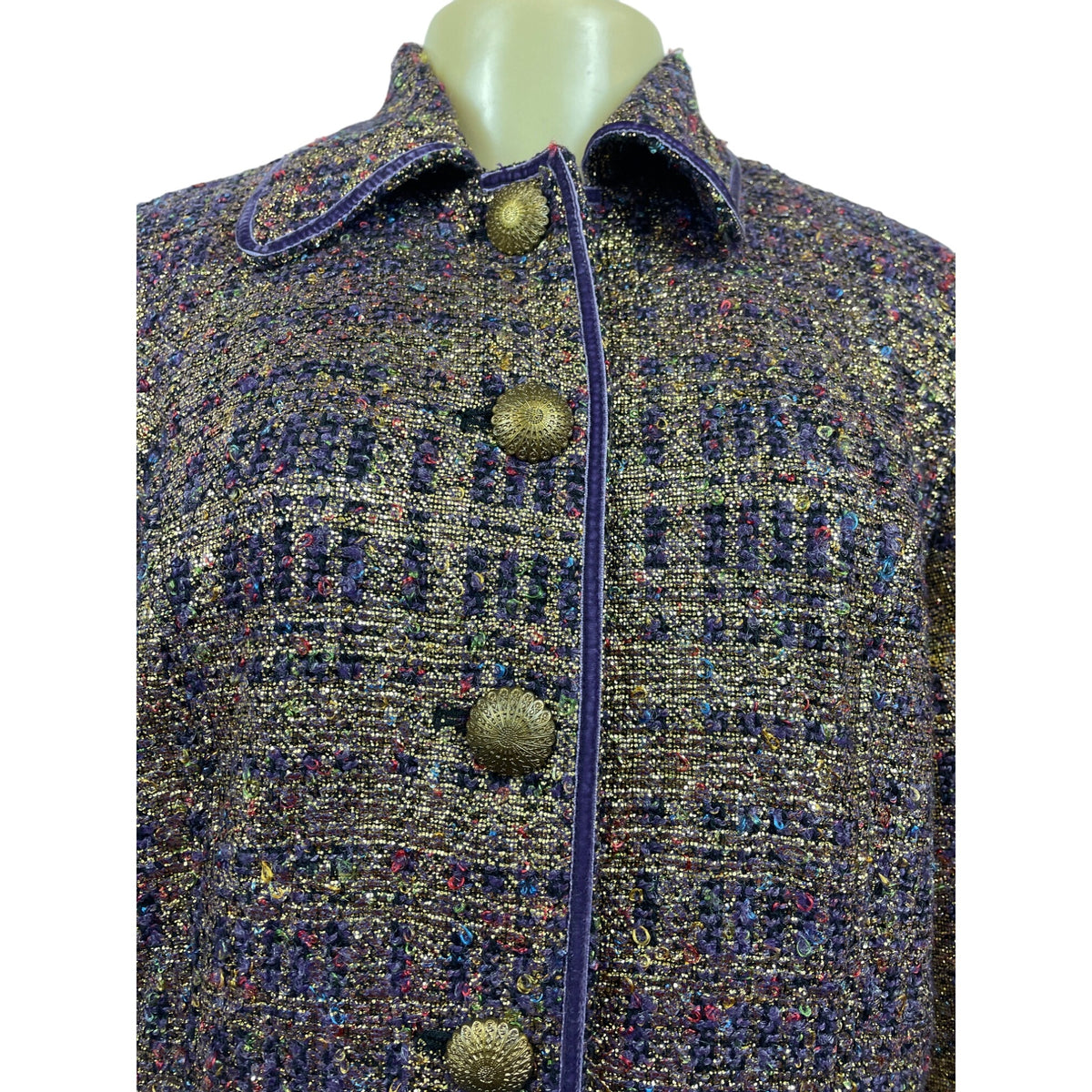 Vintage Draper’s & Damons Women’s Gold and Purple Tweed Blazer Coat Sz M