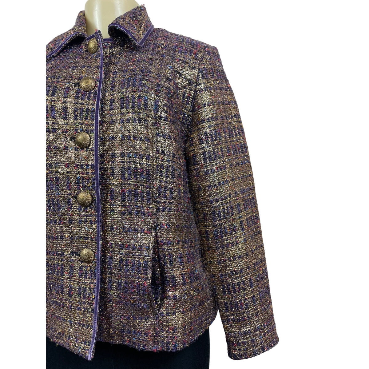 Vintage Draper’s & Damons Women’s Gold and Purple Tweed Blazer Coat Sz M