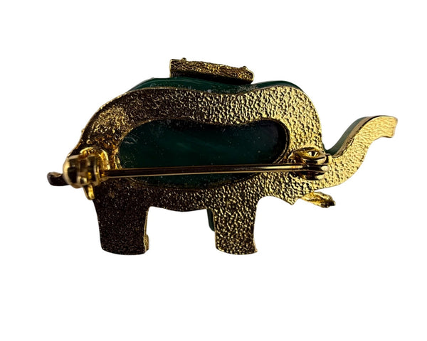Faux Jade Green & Gold Tone Elephant Brooch Pin Vintage Jewelry Figurine Elegant Detail