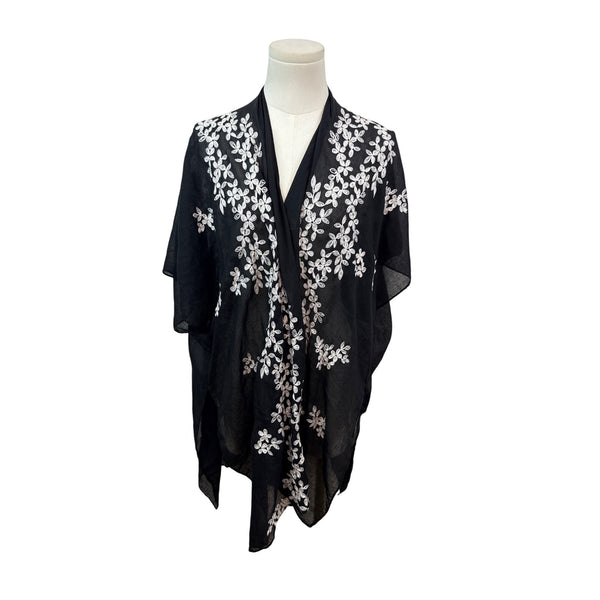 Black Floral Embroidered Kimono Cardigan By Francescas - New