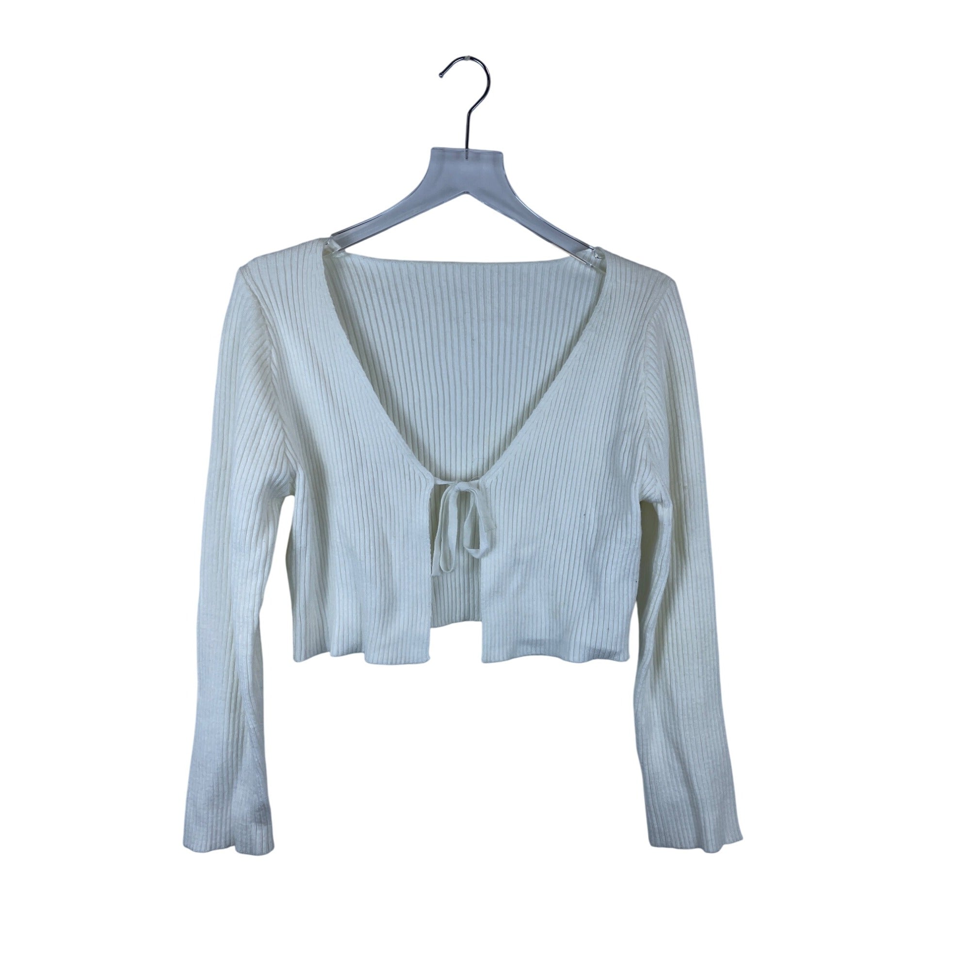 Shein Womens White Ribbed Knit Tie-Front Long-Sleeve Cropped 
