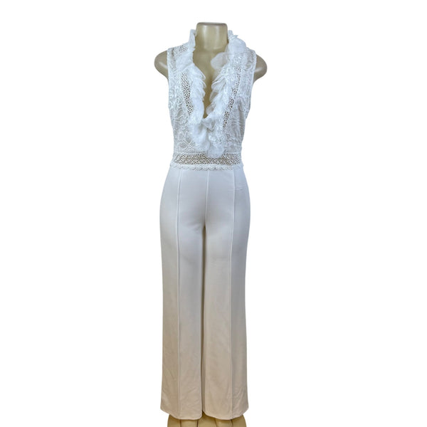 Valentine White Lace Sleeveless Wide Leg Jumpsuit For Women Sz L