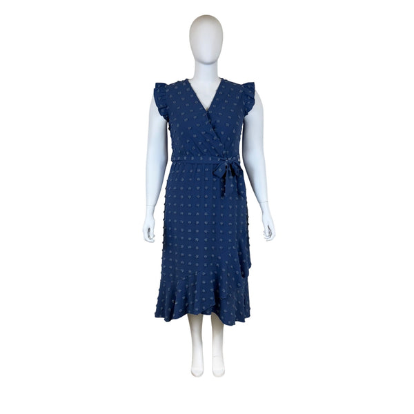 Btfbm Womens Blue Polyester Wrap Midi Dress With Ruffle Sleeves & Belt Size XL