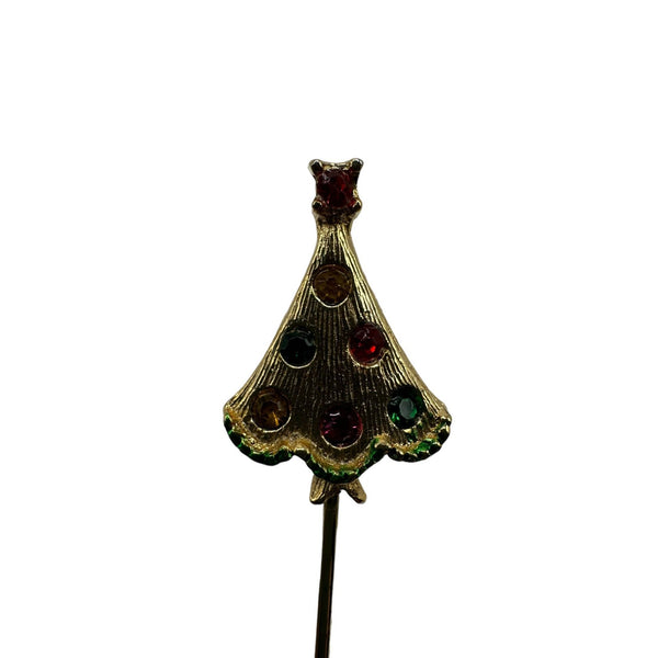 Vintage 80s Rhinestone Christmas Tree Stick Pin