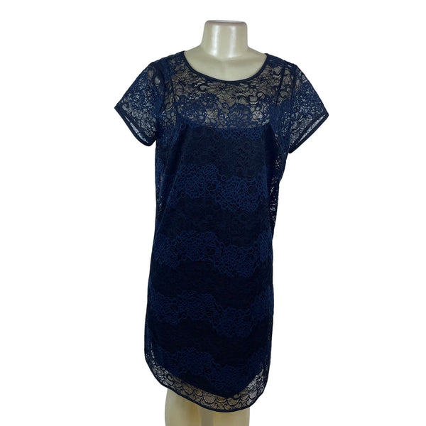 Ann Taylor Loft Womens Navy Lace Overlay Short Sleeve Shift Dress Size 10T