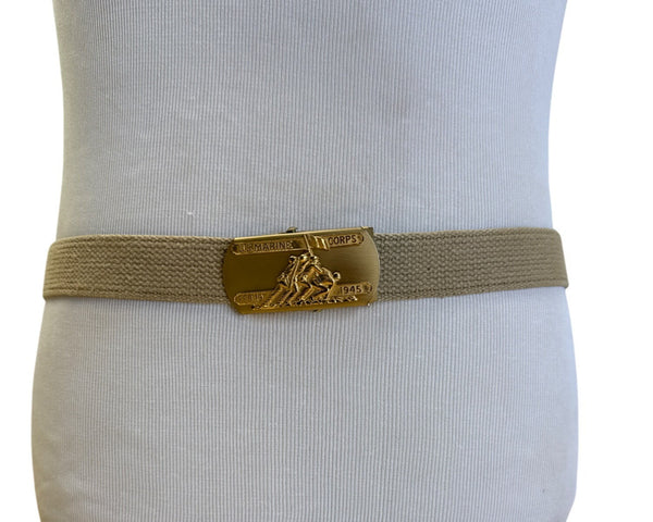Vintage U.S. Marine Corps Belt With Feb. 19 1945 Gold Buckle & Tan Woven Strap