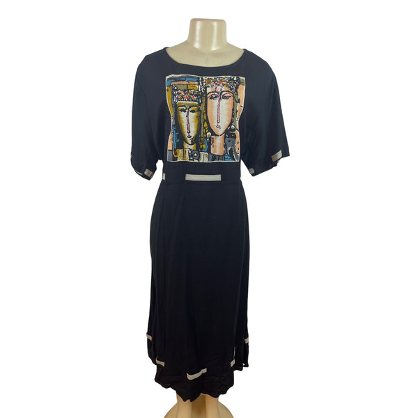 Reversal Black Dress With Abstract Art Print & Contrast Trim Size 1X - New