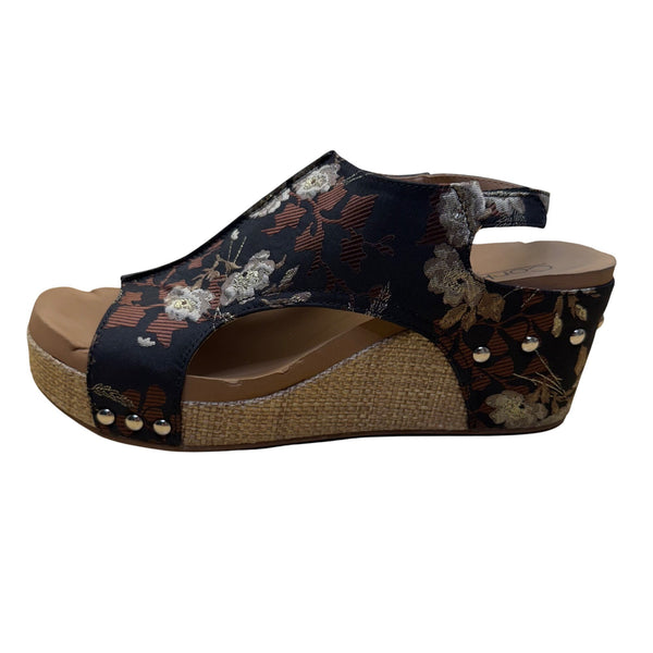 Corkys Womens Black Floral Textile Platform Wedge Sandals Size 10 Embellished