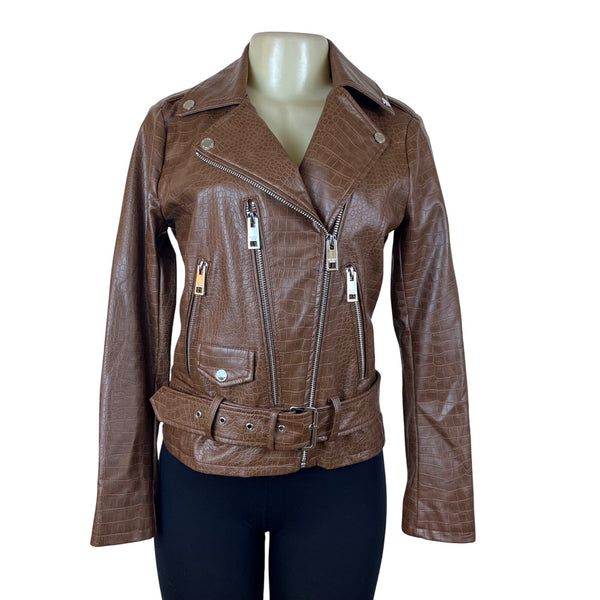 Michael Kors Womens Brown Polyurethane Croc-Embossed Belted Moto Jacket Sz XS