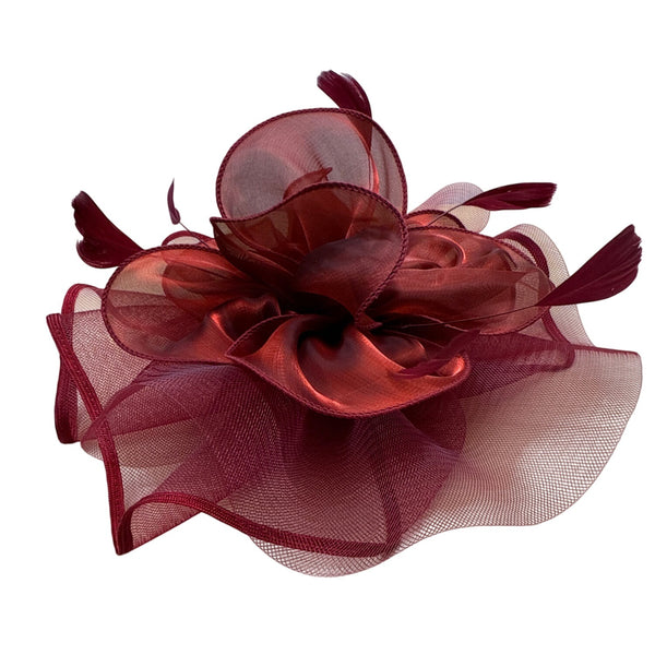 Vintage Women's Red Mesh Hair Clip Fascinator With Feather Accents Lightweight