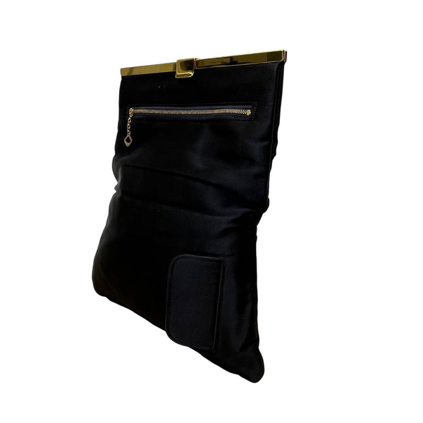 Bienen Davis Women’s Black Satin With Gold Tone Frame & Zipper Clutch Bag