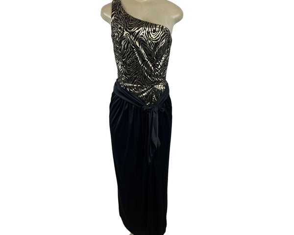 Vintage One-Shoulder Metallic Zebra Print Dress With Black Skirt & Tie Waist Size XS/S