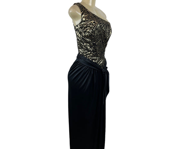 Vintage One-Shoulder Metallic Zebra Print Dress With Black Skirt & Tie Waist Size XS/S