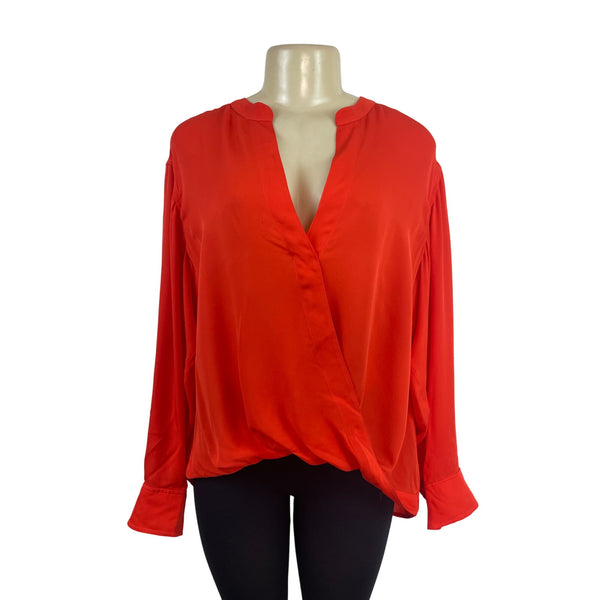 A.L.C Women’s Orange Long Sleeve V-Neck Wrap Silk Blouse Button Cuffs Siz 14