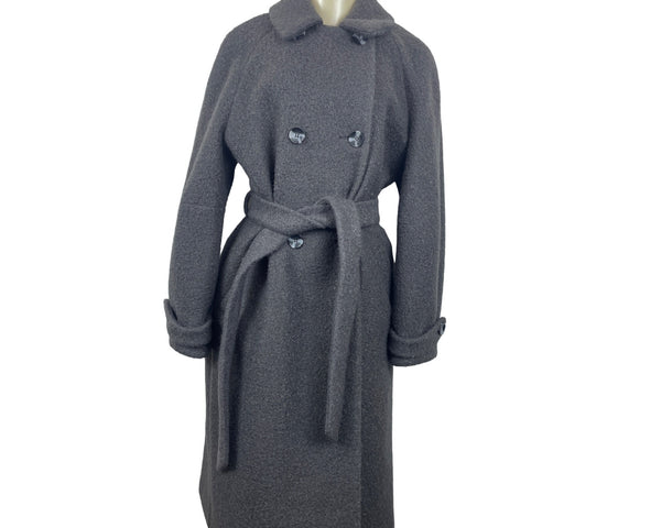 Vintage Gray Wool Blend Double-Breasted Belted Womens Overcoat