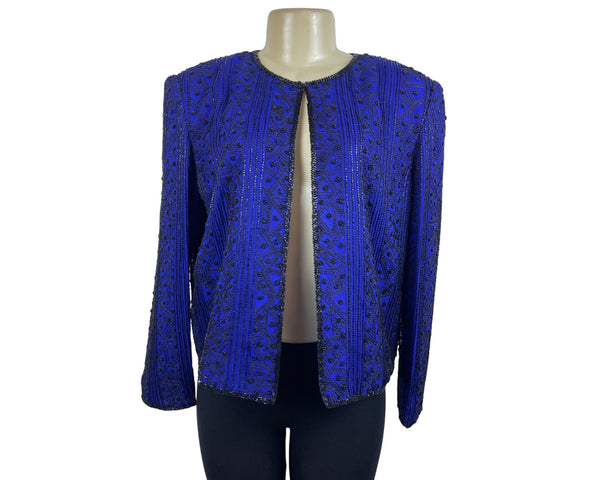 Vintage Niteline Beaded Jacket Royal Blue Silk Open Front Long Sleeve Blazer Sz L