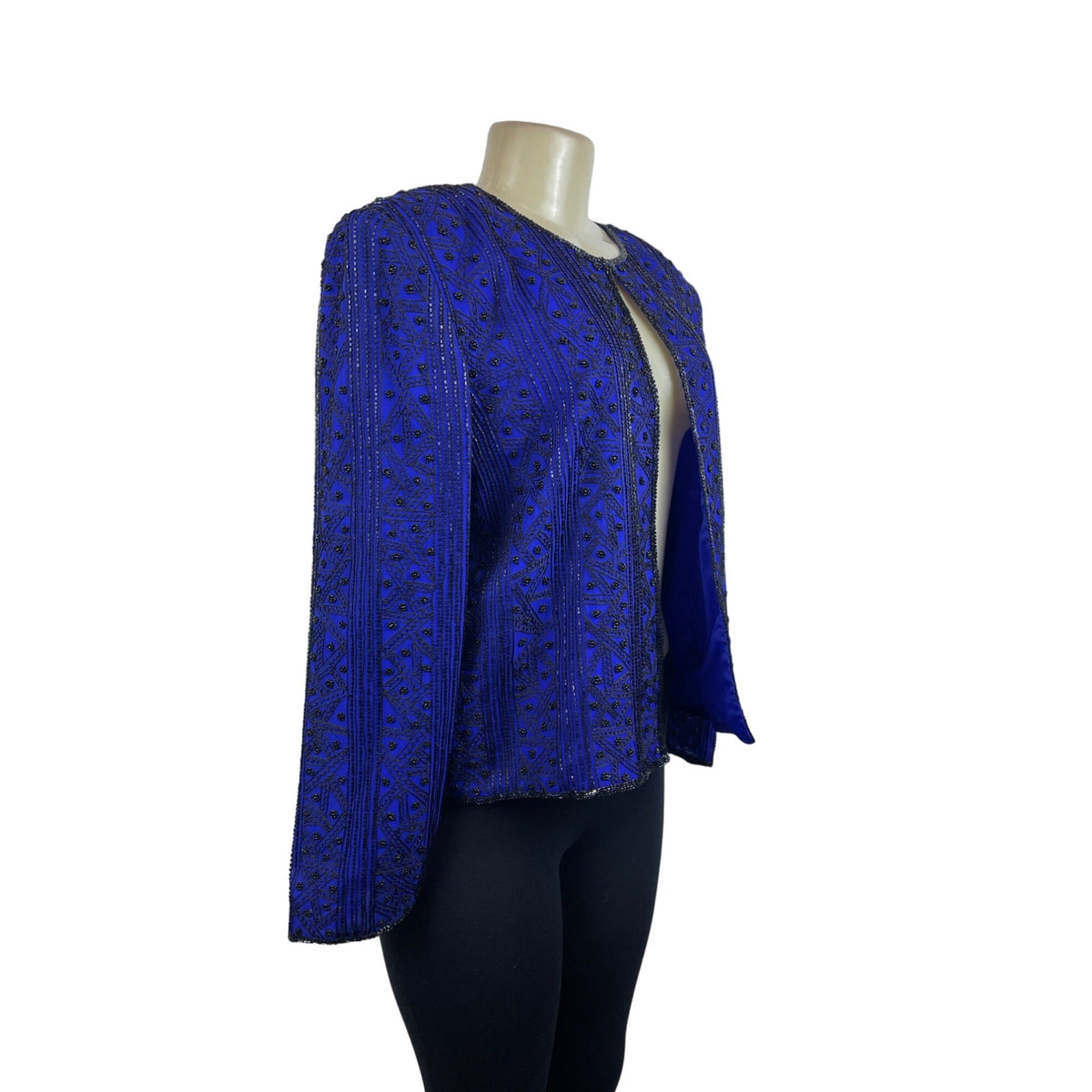 Vintage Niteline Beaded Jacket Royal Blue Silk Open Front Long Sleeve Blazer Sz L