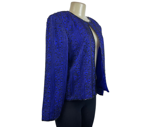 Vintage Niteline Beaded Jacket Royal Blue Silk Open Front Long Sleeve Blazer Sz L