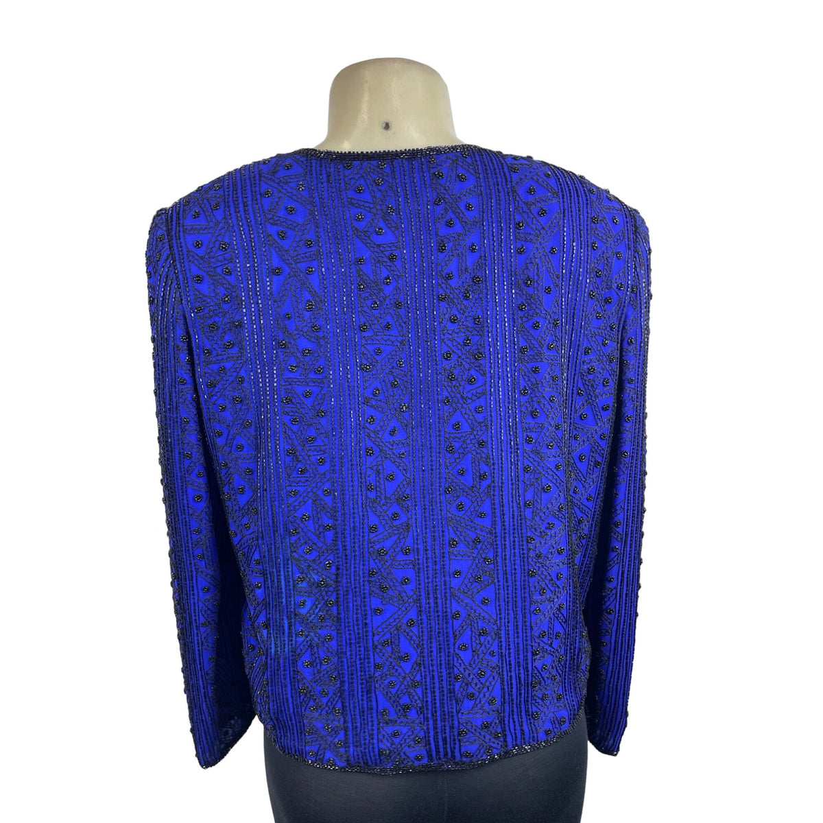 Vintage Niteline Beaded Jacket Royal Blue Silk Open Front Long Sleeve Blazer Sz L
