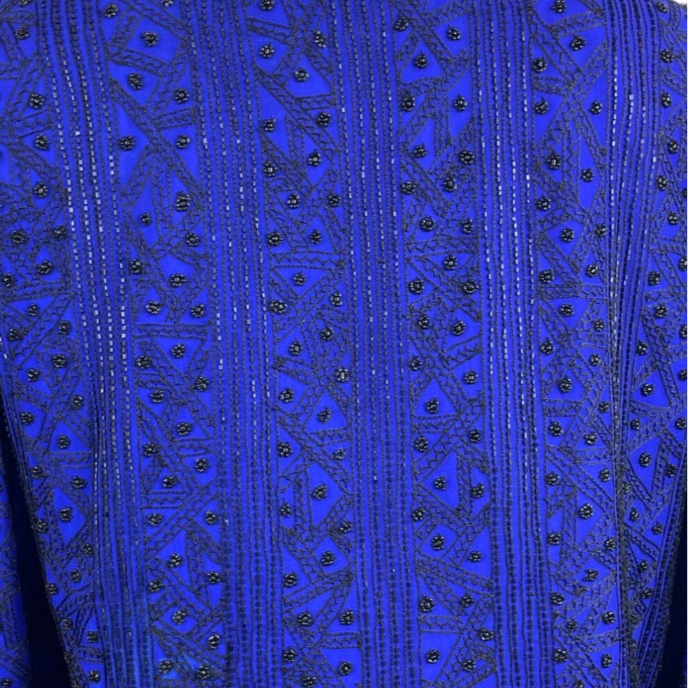 Vintage Niteline Beaded Jacket Royal Blue Silk Open Front Long Sleeve Blazer Sz L