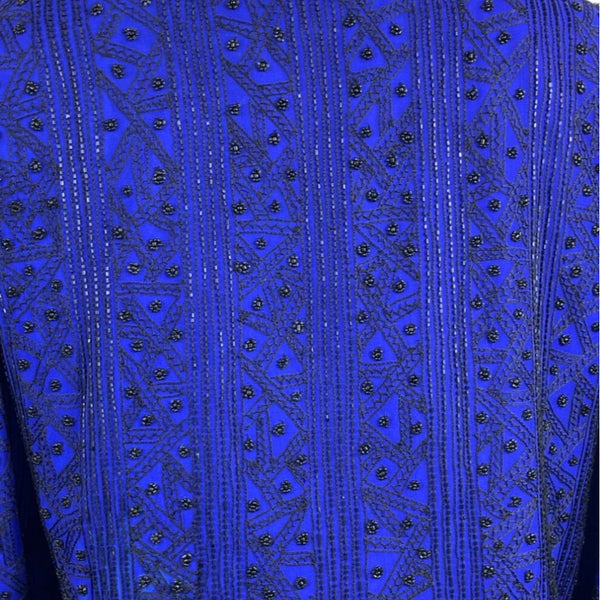 Vintage Niteline Beaded Jacket Royal Blue Silk Open Front Long Sleeve Blazer Sz L