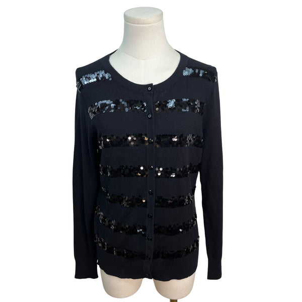 Charter Club Black Sequin Striped Cardigan Sweater Womens Button Up Size S