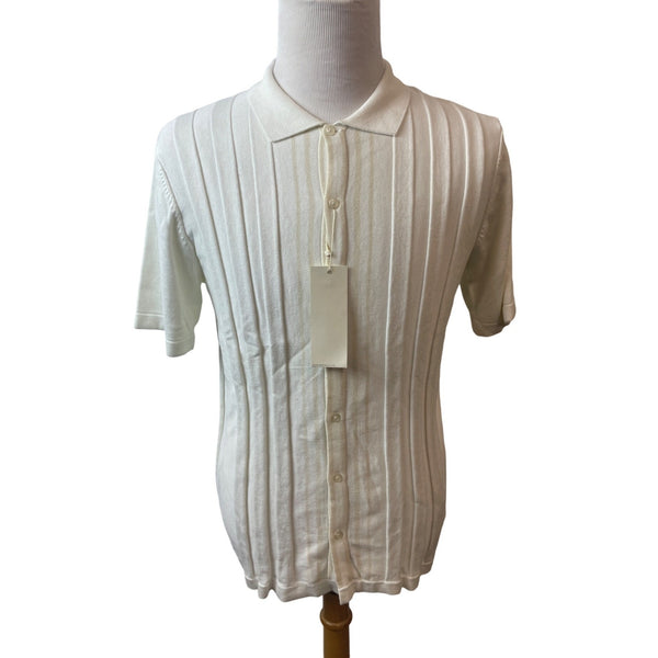 Perry Ellis Mens Ribbed Knit Short Sleeve Button-Up Shirt White Sz L