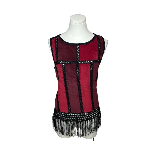 Romeo & Juliet Womens Sleeveless Red & Black Patchwork Fringe Shirt Sz M