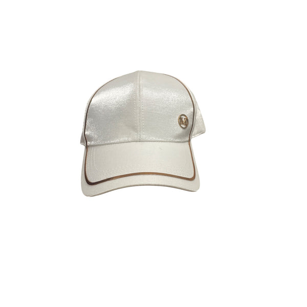 Shiny White Baseball Cap With Gold "M" Logo & Trim Detail 100% Cotton Adjustable Strap