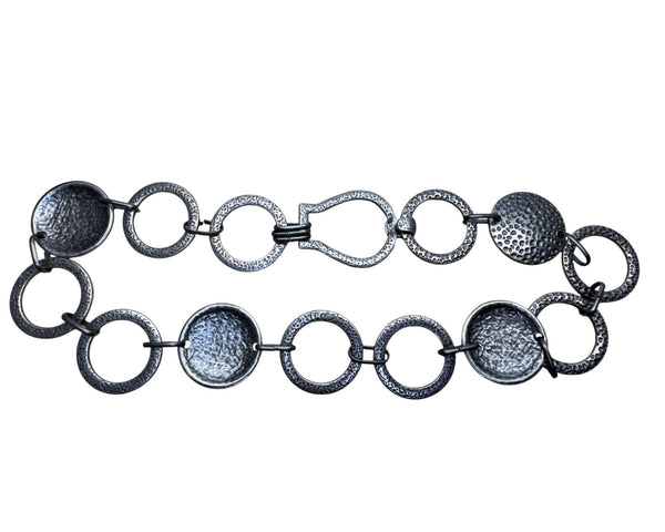 Silver Tone Textured Metal Women’s Chain Necklace Oval & Circle Link Design