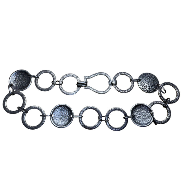 Silver Tone Textured Metal Women’s Chain Necklace Oval & Circle Link Design
