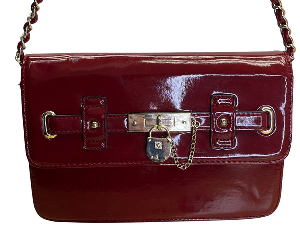 Anne Klein Red Patent Faux Leather Gold Lock Accent Chain Strap Shoulder Bag