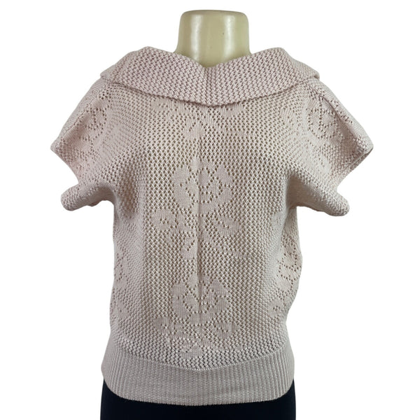 Semplice Light Pink Short Sleeve Knit Sweater With Floral Cutout Design Sz S