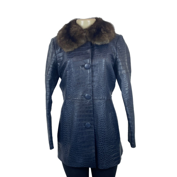 Carmen Marc Valvo Couture Croc-Embossed Leather Coat W/Faux Fur Collar