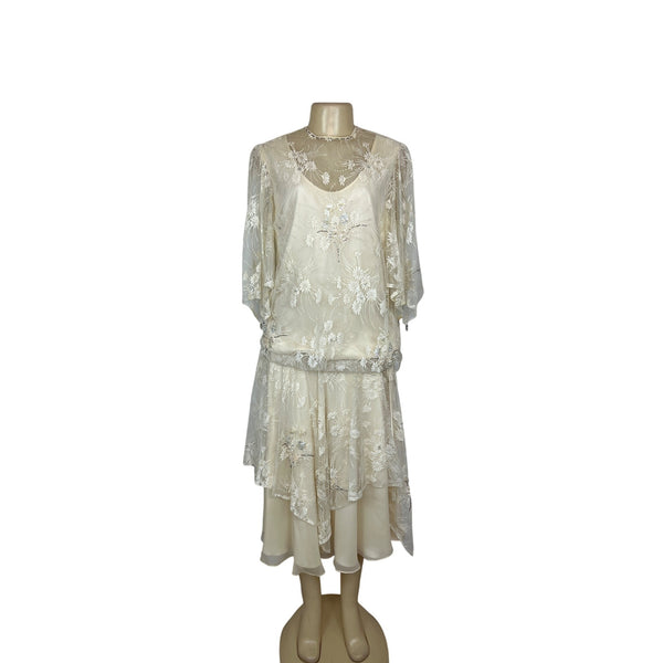 Riña di’ Montella Vintage Ivory Lace Overlay Dress With Floral Embroidery Sz 12