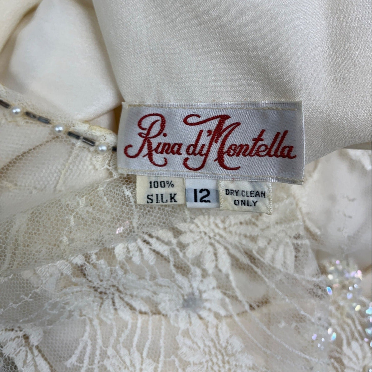 Riña di’ Montella Vintage Ivory Lace Overlay Dress With Floral Embroidery Sz 12