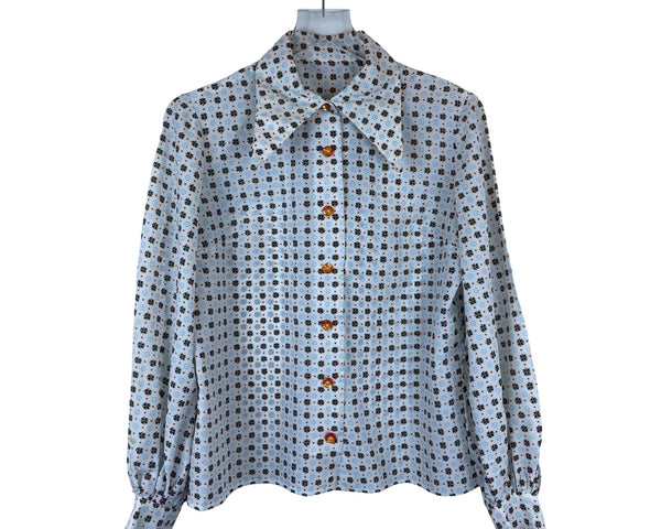 Vintage Womens White Floral Button-Up Blouse Long Sleeve Collared Lightweight Size M
