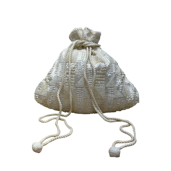 Carolyne Barton Women’s Ivory Satin & Beads Drawstring Evening Pouch Bag