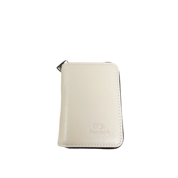 FurArt Unisex Beige Leather Zipper Card Holder Wallet With Keychain Attachment Compact Design