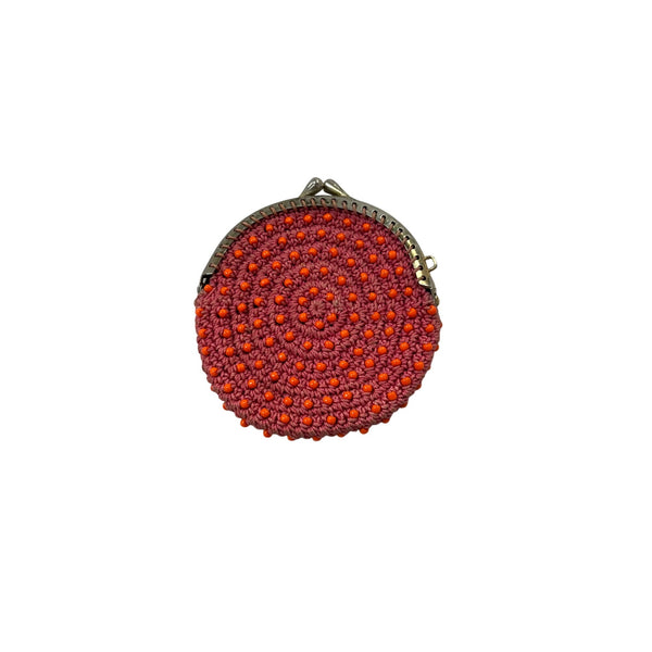 Handcrafted Womens Red Beaded Crochet Coin Purse Metal Clasp Round Design Small