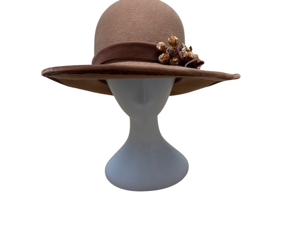 Vintage Carol Carr Brown Wool Hat Floral Accents & Ribbon Detail Made In USA