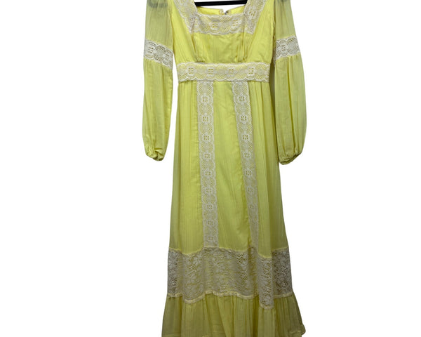 Vintage1970s Yellow Swiss Dot Prairie Embroidered Collar Boho Maxi Dress Sz XS