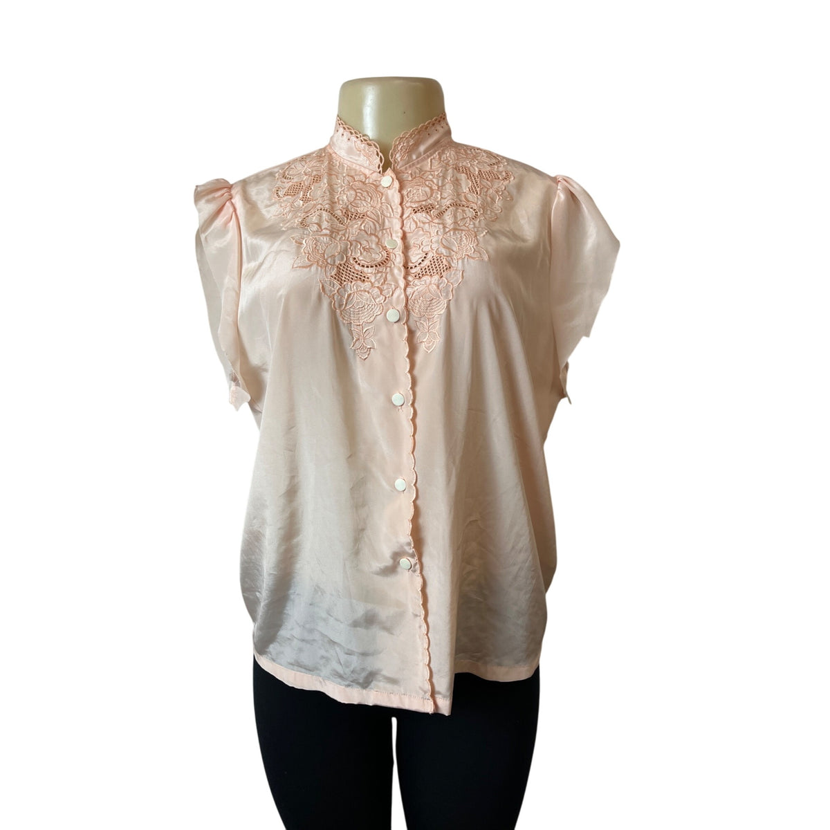 Vintage Mariane Womens Blouse With Lace Embroidery In Peach Satin Sz M/L