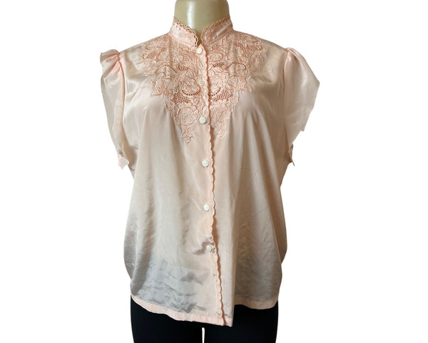 Vintage Mariane Womens Blouse With Lace Embroidery In Peach Satin Sz M/L