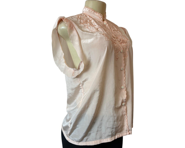 Vintage Mariane Womens Blouse With Lace Embroidery In Peach Satin Sz M/L