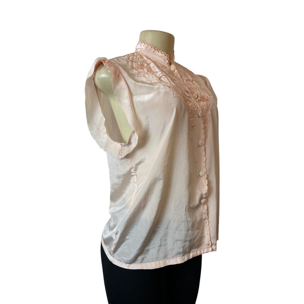 Vintage Mariane Womens Blouse With Lace Embroidery In Peach Satin Sz M/L