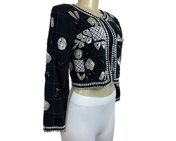 Vtg Linda Rico Beaded Sequin Black Jacket Geometric Patterns Embellishments Sz S